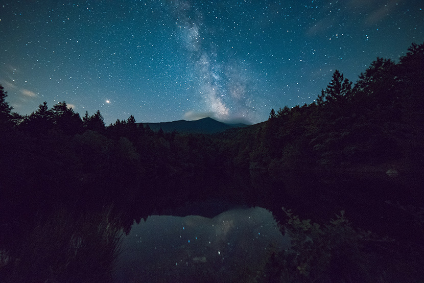 森林湖泊边的夜晚星空