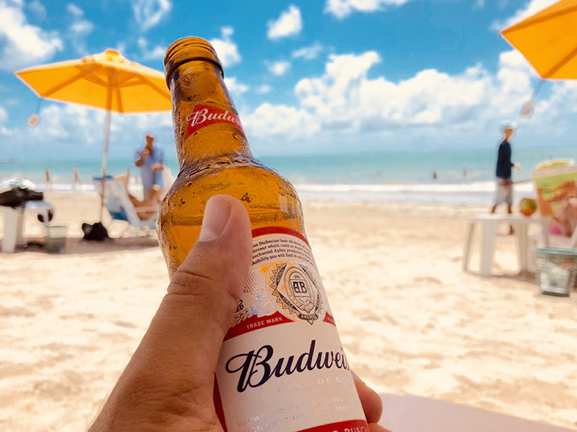 炎热沙滩上来一瓶冰镇百威啤酒