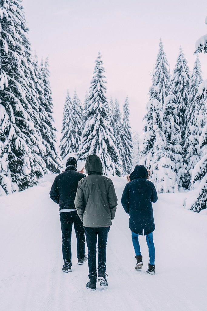 在雪山里行走的三个人