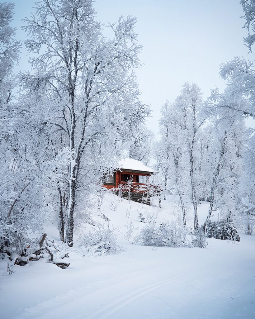白茫茫的雪山森林中的小木屋