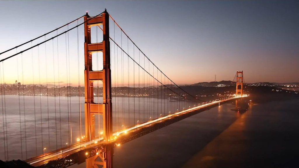 美国标志性建筑旧金山金门大桥（Golden Gate Bridge）夜景延时摄影短视频素材