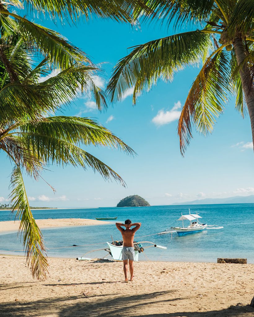 站在椰子树下沙滩上的男人
