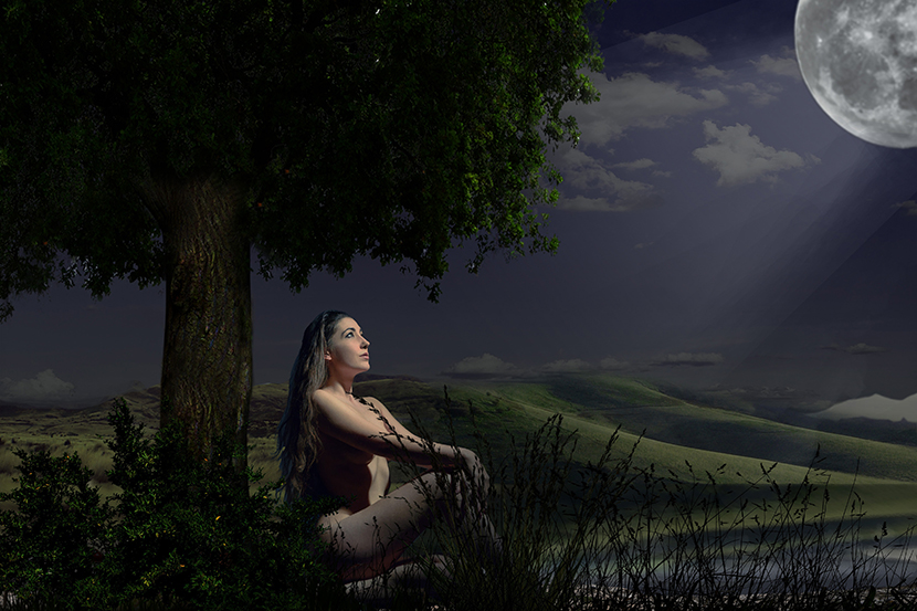 夜晚坐在大树下看月亮的裸女