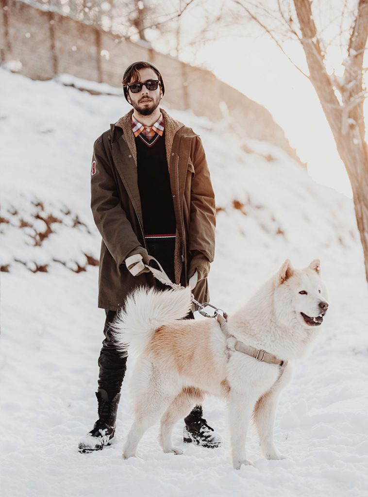 在雪地中拉着阿拉斯加犬的男人