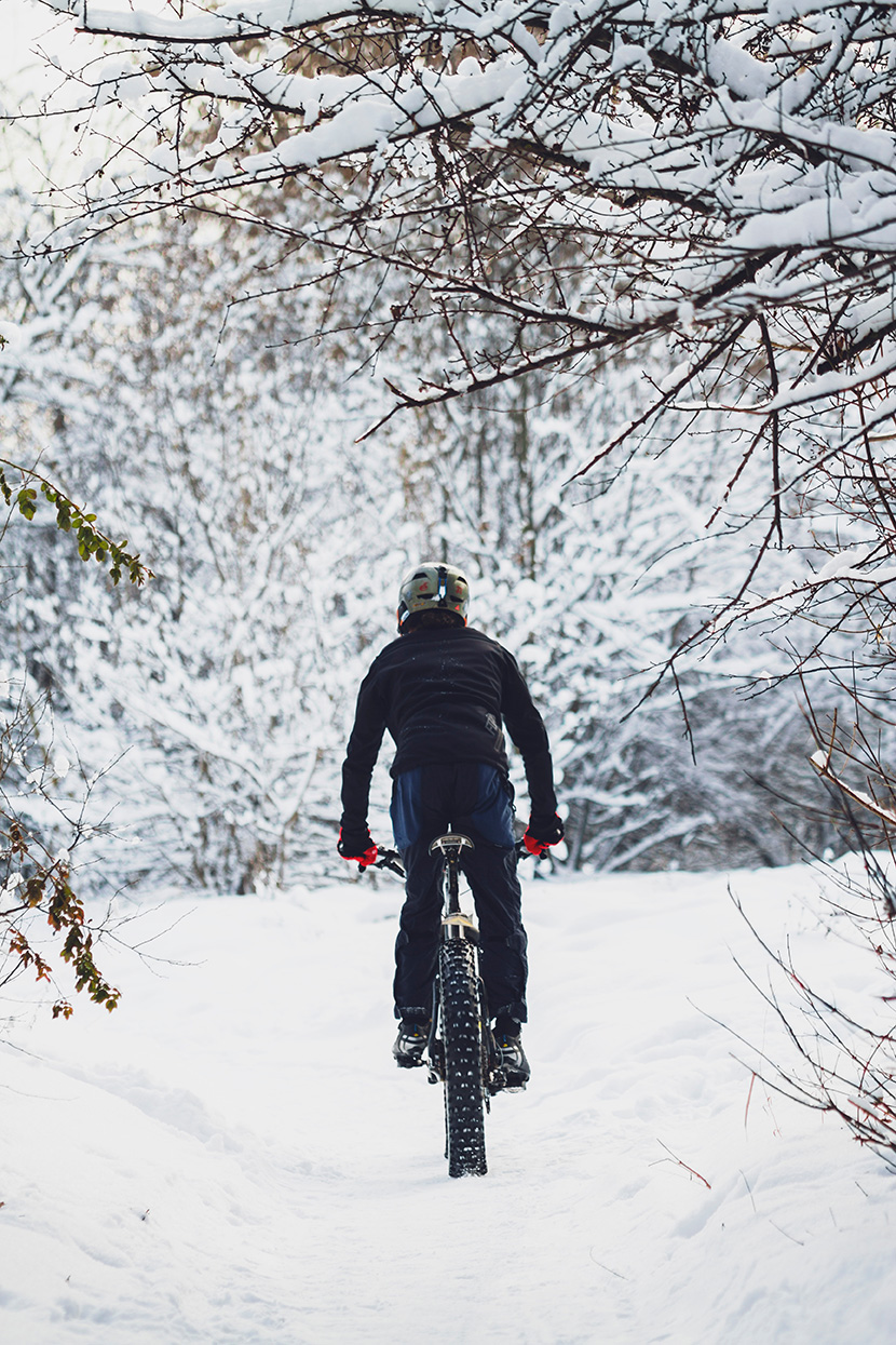 在森林雪地上骑自行车的人