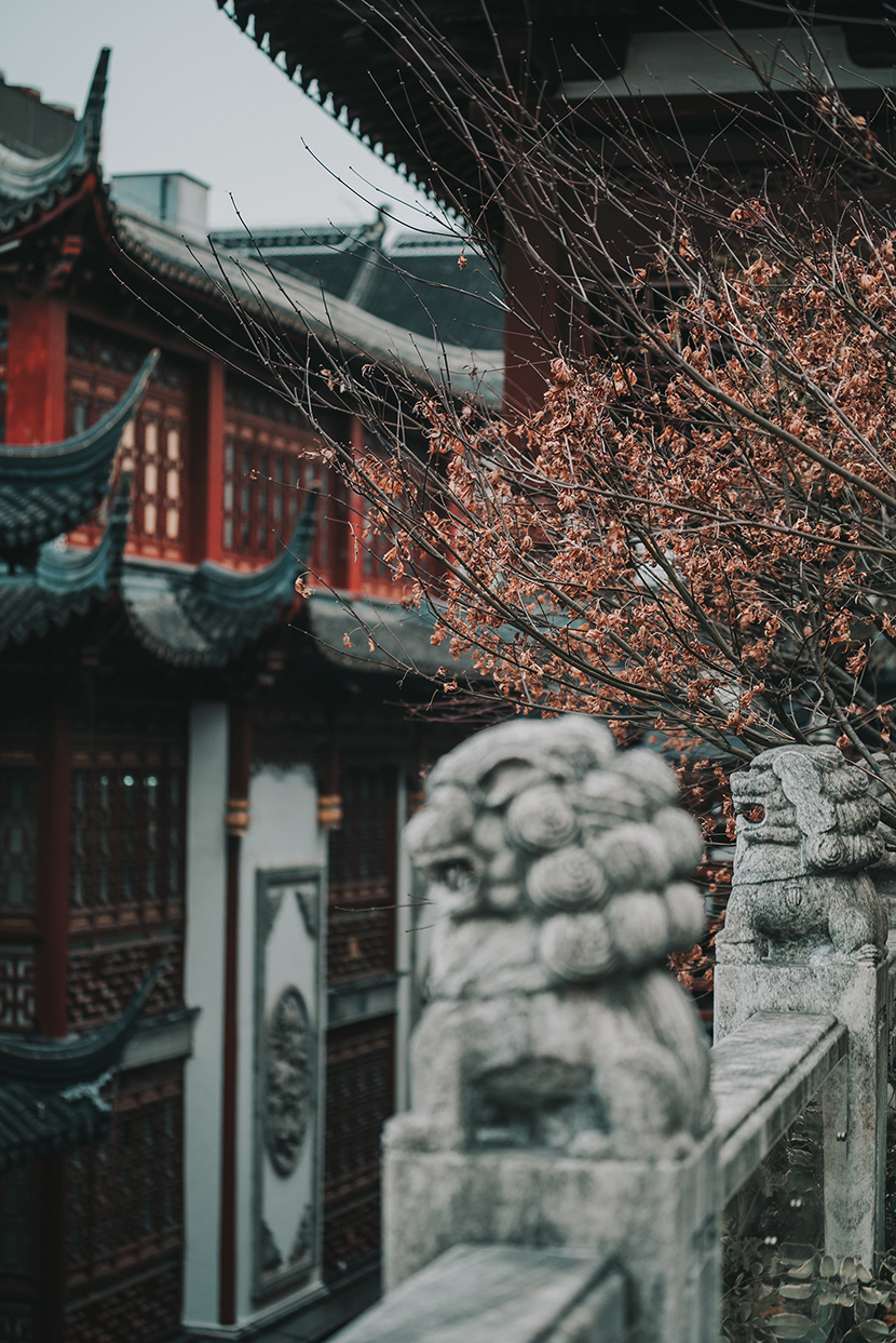 上海城隍庙的古建筑群石狮子